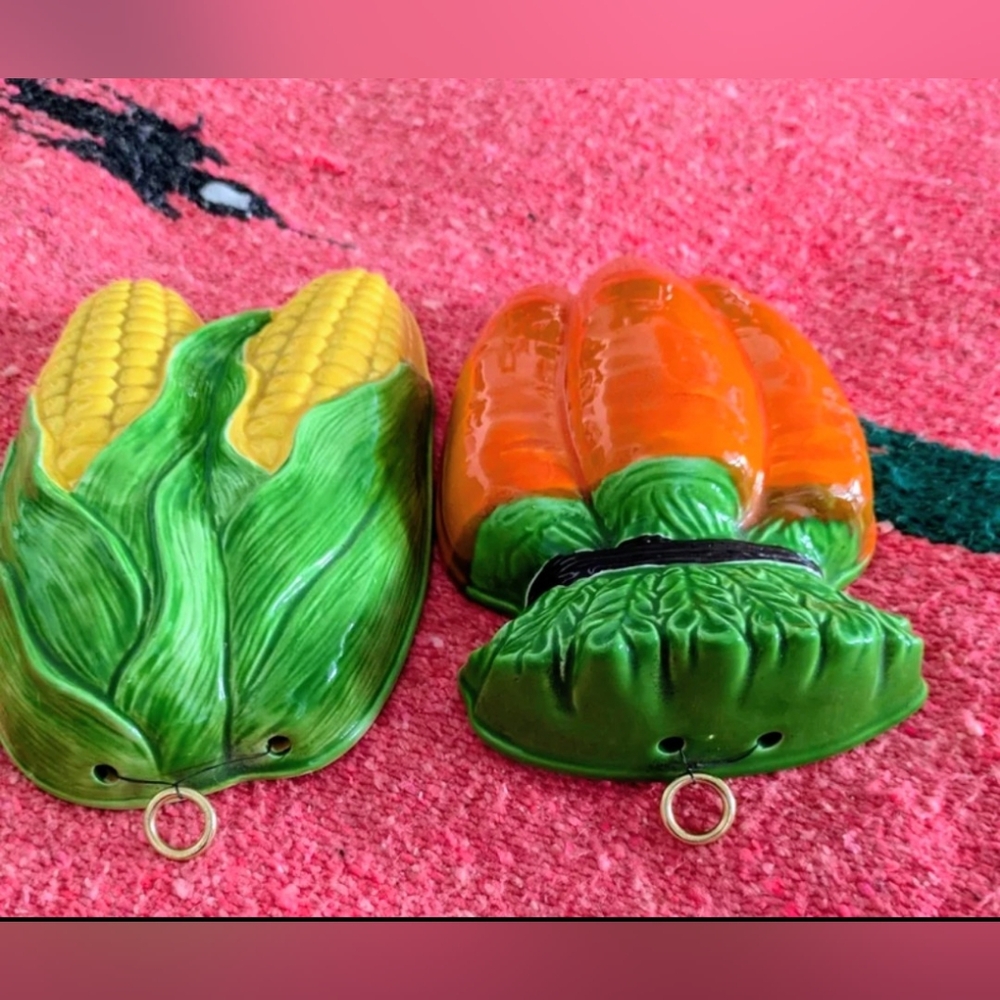 Charming set of mid-century ceramic wall pockets shaped like orange carrot &Corn